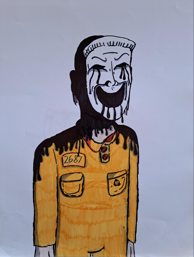 student illustration of a boy wearing a yellow long sleeve shirt and wearing a SCP0335 mask. ( a white porcelain comedic mask)
