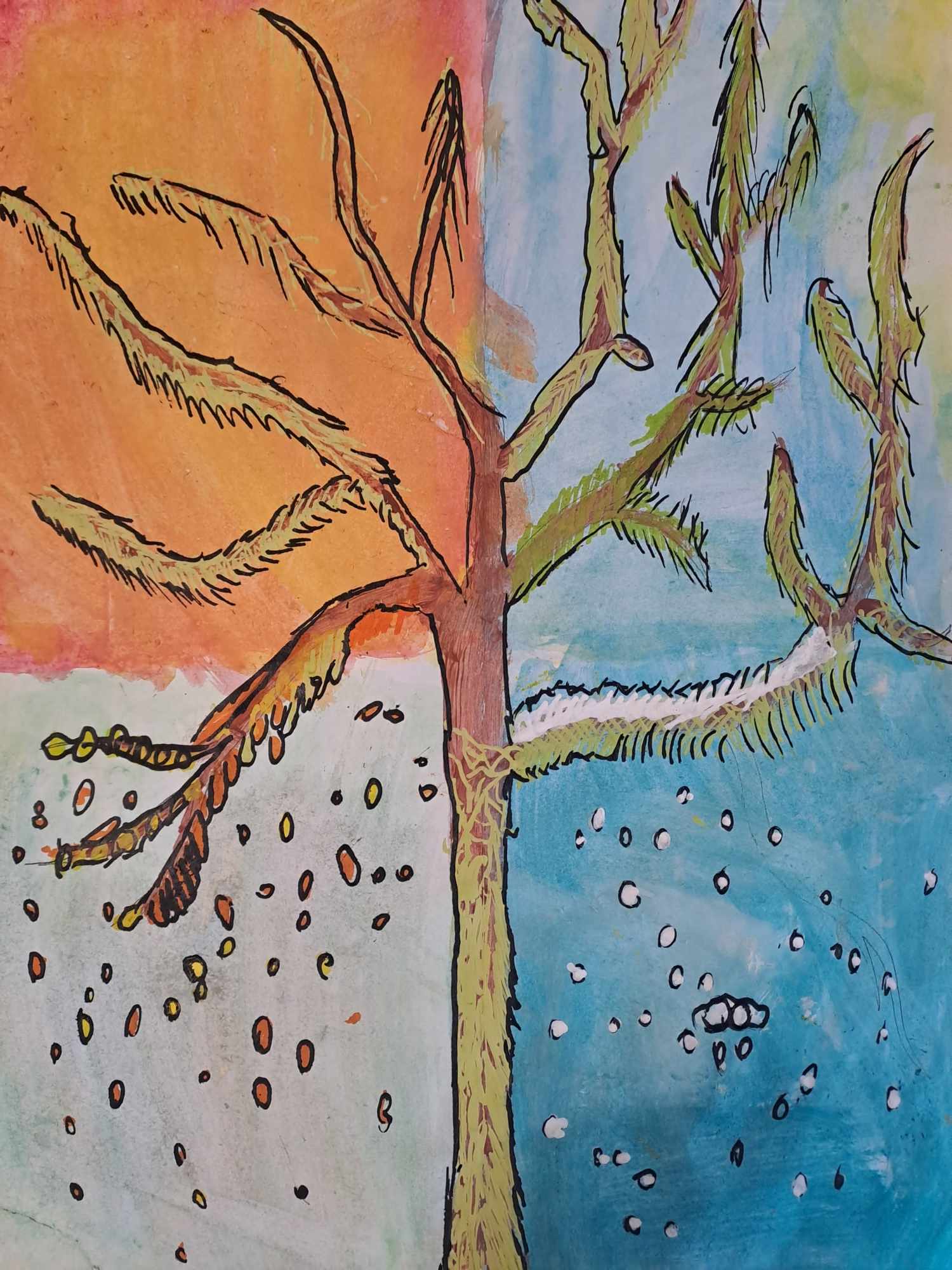 Student painting of a tree divided into 4 segments showing the four seasons from summer with lush foliage, autumn as leaves fall, winter as snow covers and spring as new growth appears. Created using watercolour, posca pens and textas
