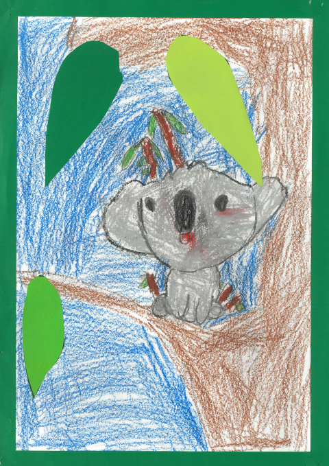 Drawing of a koala in a tree with collage green leaves