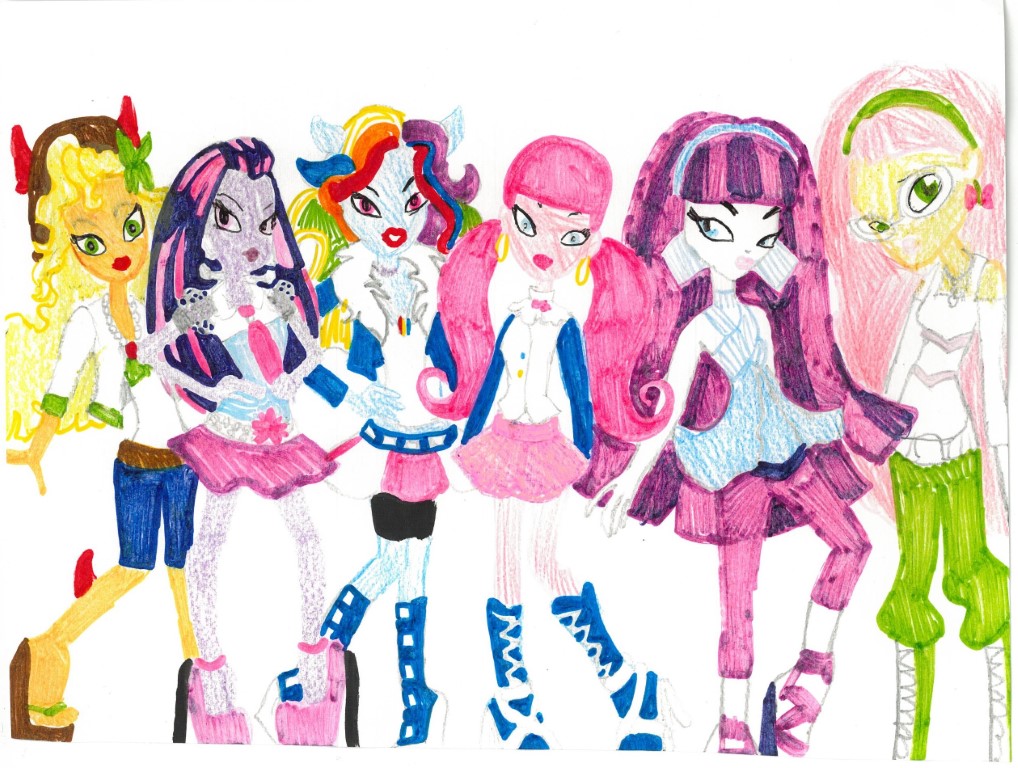 student drawing of 6 Equestria Girl dolls standing next to each other.  Each has a colourful outfit on and colourful hair.