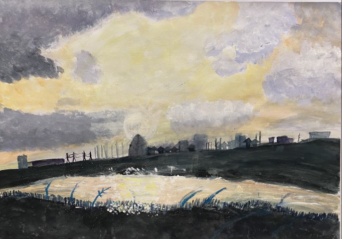 Student artwork of a cream and yellow sunset with grey clouds in the sky. The reflection of the sunset appears in the flowing river. 