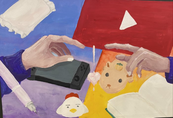 Student artwork of two index fingers coming together to touch. They are holding a game console in one hand.