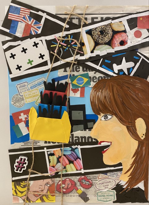 Student mixed media collage. Roller coaster made from paper and string, magazine image cut outs of donuts and macaroons, images of different country flags and passport stamps.