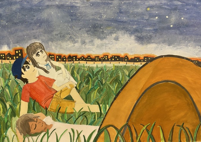 Student artwork of a boy dressed in an orange shirt, brown pants and a blue cap and girl dressed in white sitting together in a field of long green grass looking up at the night time stars. In the foreground is a man sleeping in the field near the couple. In the background is the city skyline with a row of black houses with yellow windows indicating the night time lights are on.  