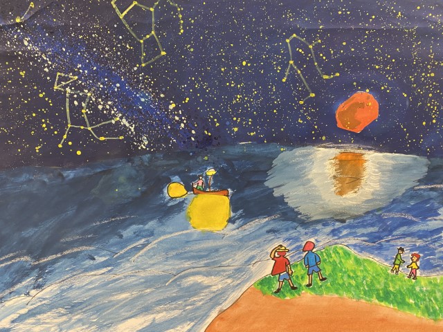 student artwork of night sky awash with stars, a bright red moon reflects onto the water.  There is a fishing boat on the water, and from the land 4 people are looking out into the water.