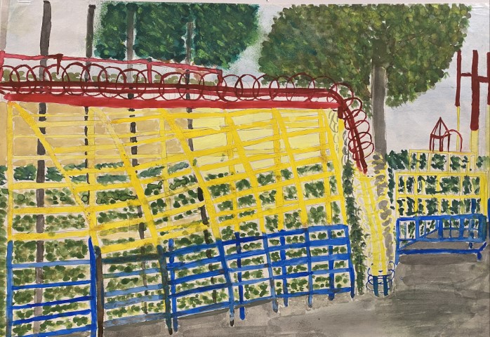 Student painting of red, yellow and blue climbing equipment in the playground surrounded by trees and shrubs