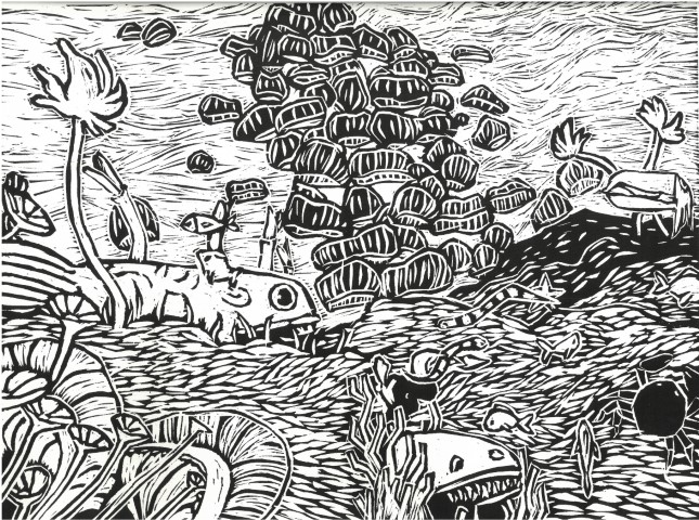 black and white lino print of a futurist landscape filled with creatures and plants 