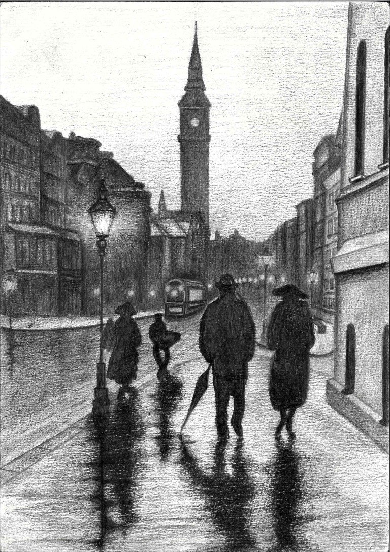 A rainy street scene of London with people walking, captured in a pencil drawing.  Big Ben, a tram and a street light can be seen in the distance.