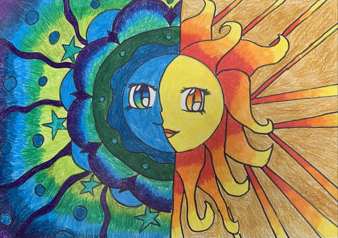Drawing of the Sun and moon using warm and cool colours to illustrate day and night. 