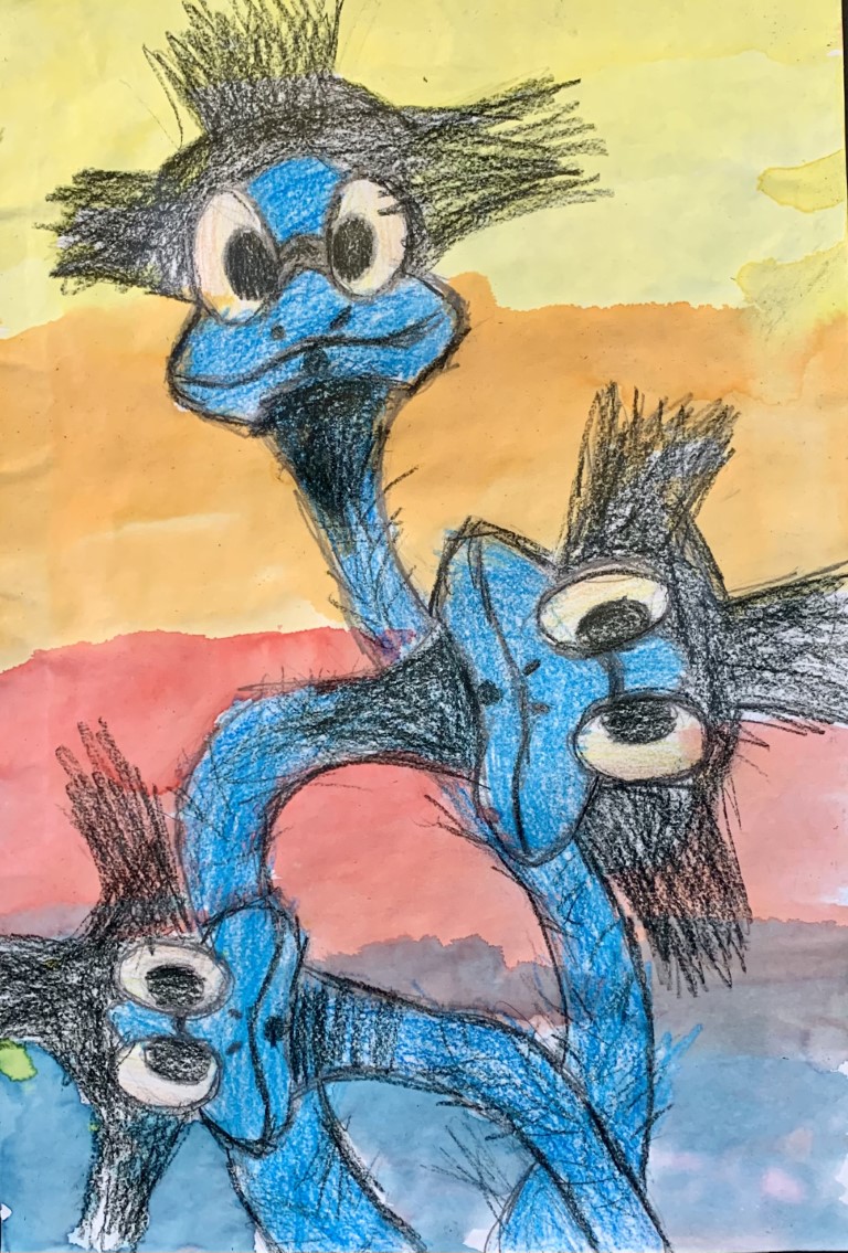 Artwork of 3 blue emus with their heads intertwined.  The background is a watercolour wash of yellow, orange, red and blue.