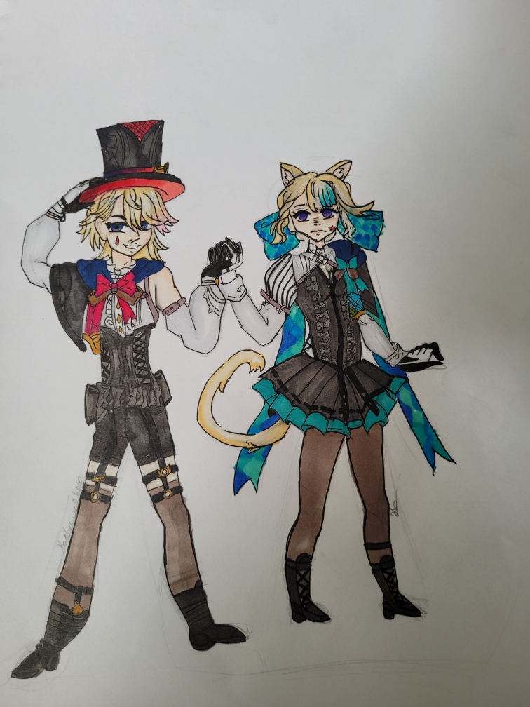 Drawing of Two anime characters wearing steampunk attire, showcasing a fusion of Victorian fashion and futuristic elements.