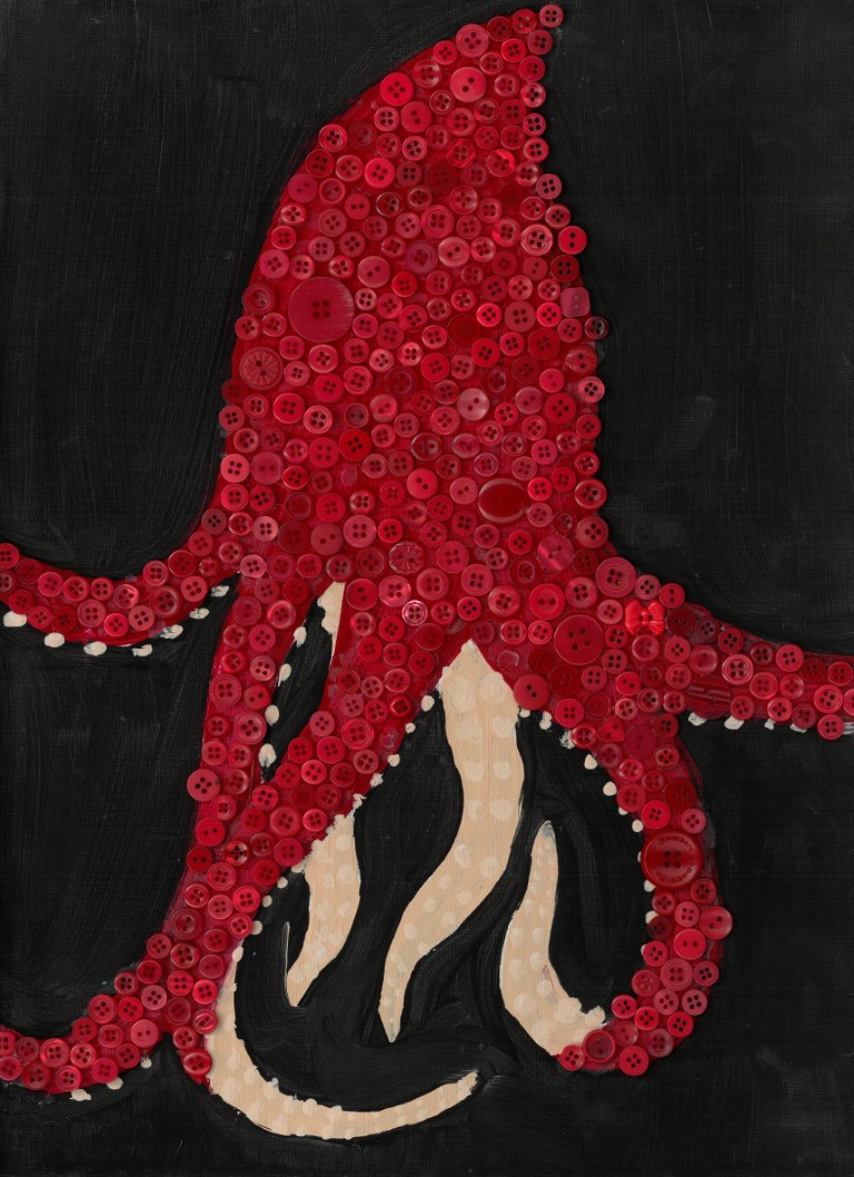 artwork of a red squid created with buttons on a black background.