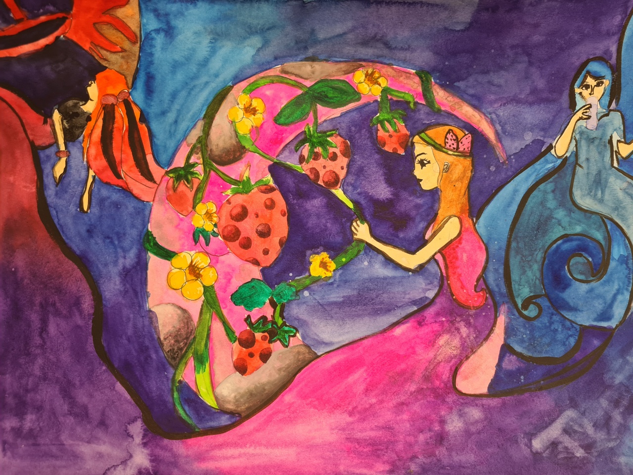 Fantasy moon painting with fairies and a garden in a multitude of colours.