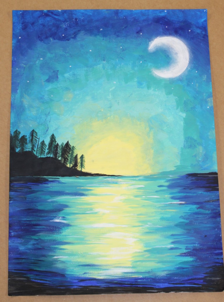 Landscape painting of a coastal water scene under moonlight