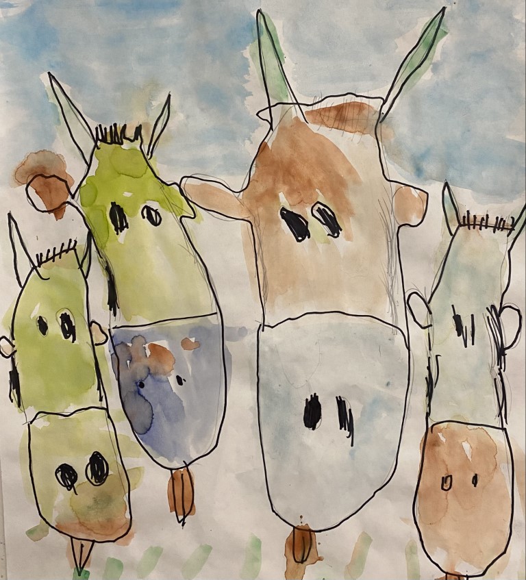 This abstract artwork is of four cow heads. They are all different in size and colour with their own individual features