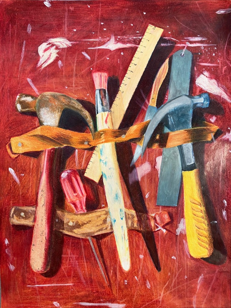 A still life drawing of hammers, ruler, screwdriver, knife and paintbrush on a red-brown background.