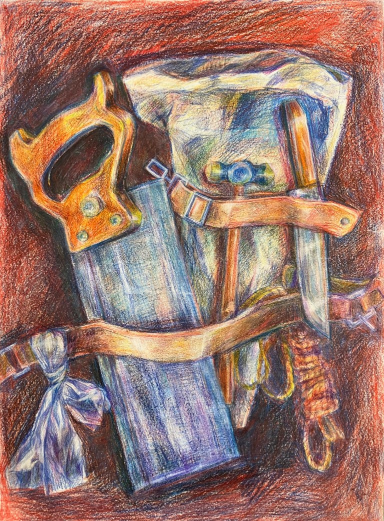 A still life drawing of a hammer, saw, knife, rope and newspaper.