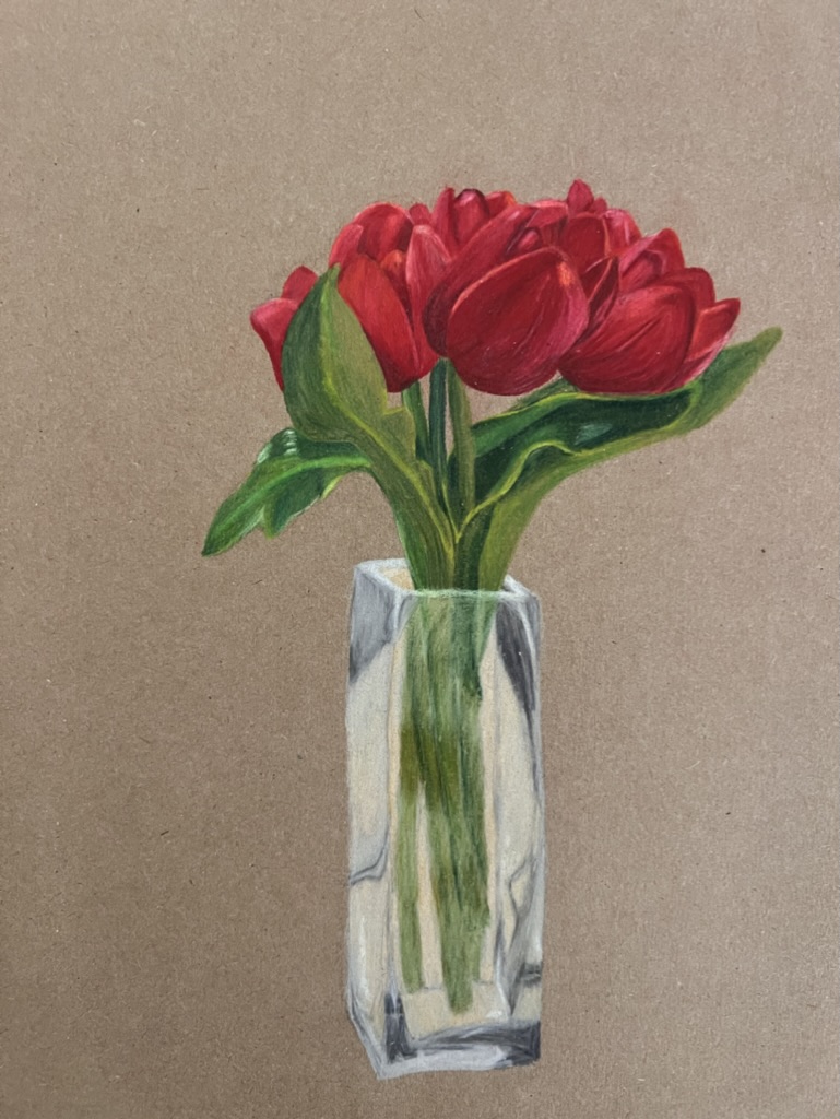 Still life drawing of red tulips in a glass vase on a brown paper background.