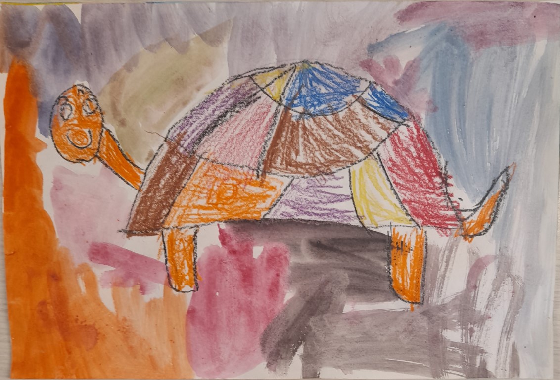 Student artwork of a very happy turtle living in a pink and purple coloured world.  His shell is also lots of colours.