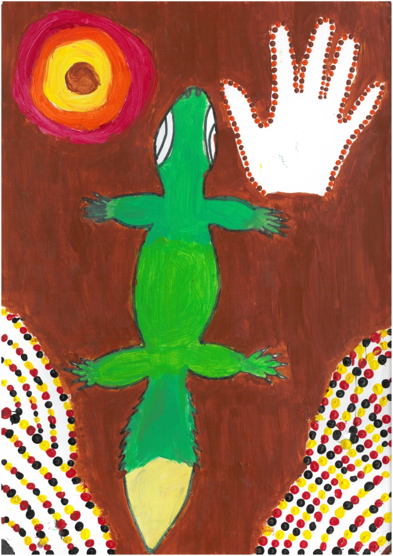 An Aboriginal-inspired artwork of a green leaf-tailed goanna and gathering place.
