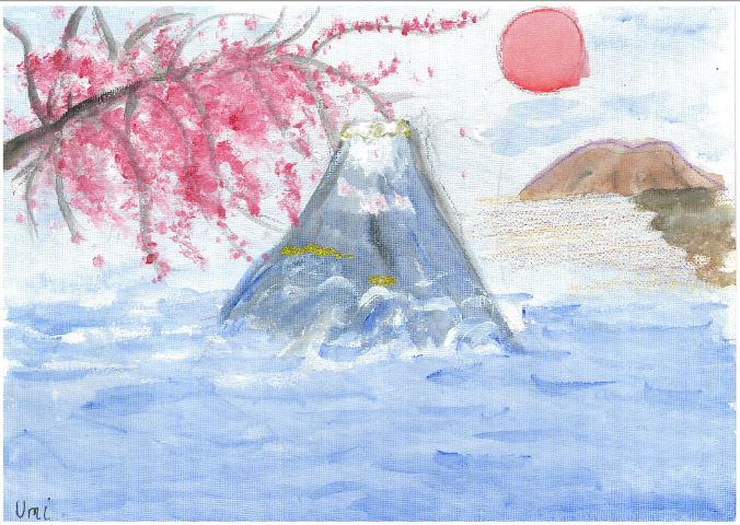 Student landscape painting of Mt Fuji surrounded by the blue ocean.  There are brown mountains in the distance and a large red sun.  In the top left hand corner there is a cherry blossom branch reaching out towards Mt Fuji.