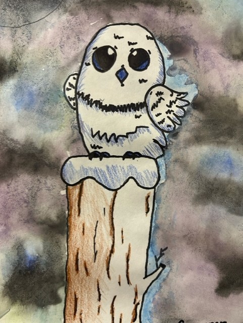 Painting of a white owl perched on a log with a colourful night sky in the background.