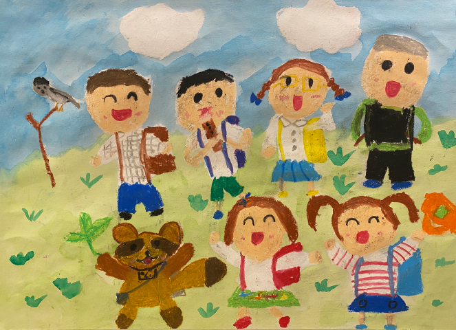 Student artwork depicting 6 students and a raccoon walking home from school on the grass with blue sky in the background