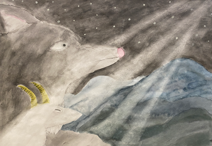Student artwork using watercolours in black and blues showing a full moon night and a goat and fox looking up towards the moonlight