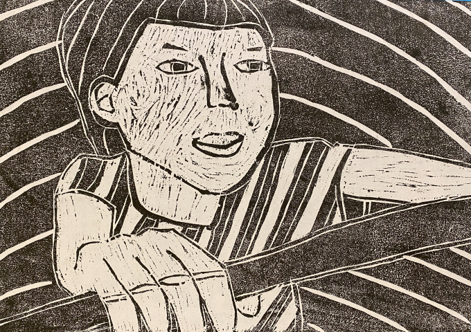 black and white lino print of a boy holding a stick