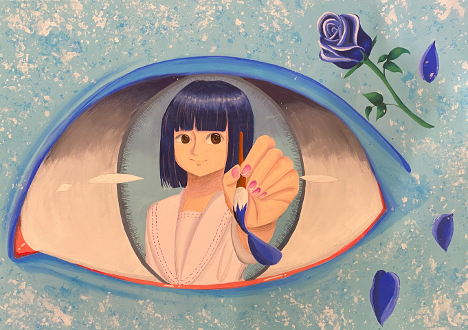Painting of a blue eye with a young woman in the middle of the eye holding a paint brush.  She is painting blue petal of a rose.  The rose and its petals are in the top right hand corner of the artwork.