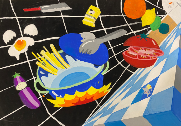 Kitchen painting showing a range of items flying into space off a blue and white check tablecloth.  items include pot, knife, sliced tomato, cracked egg, cheese, orange, lemon, zucchini 