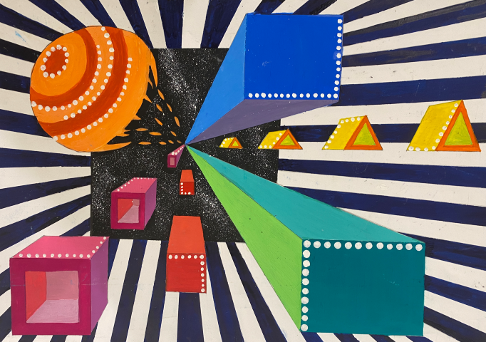 A vibrant painting featuring colorful cubes and a prominent orange ball going through a black hole