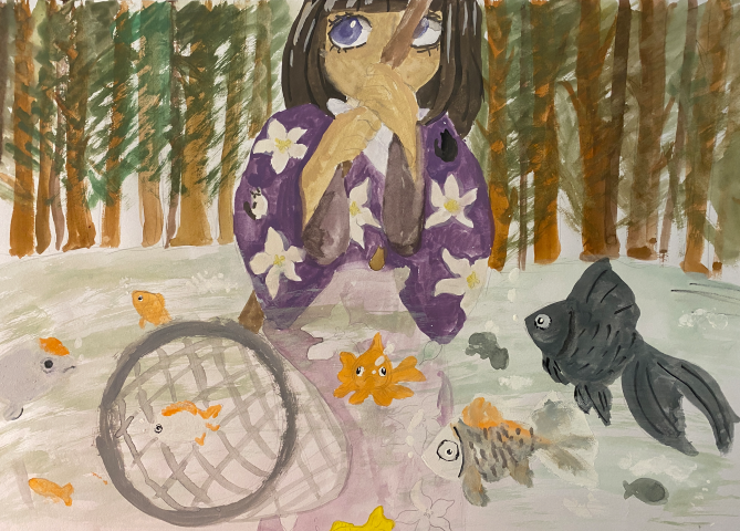 Student painting of a girl in the forest with a small fishing net scooping fish out of the river with a small hand net.  There are lots of colourful fish in the water