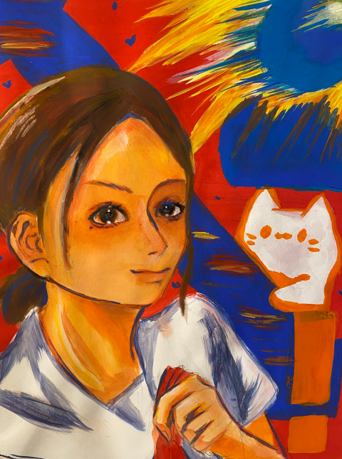 A painting showing a youung girl hosling a red ribbon, behind her is a white cartoon beckoning cat, with a blue and red background