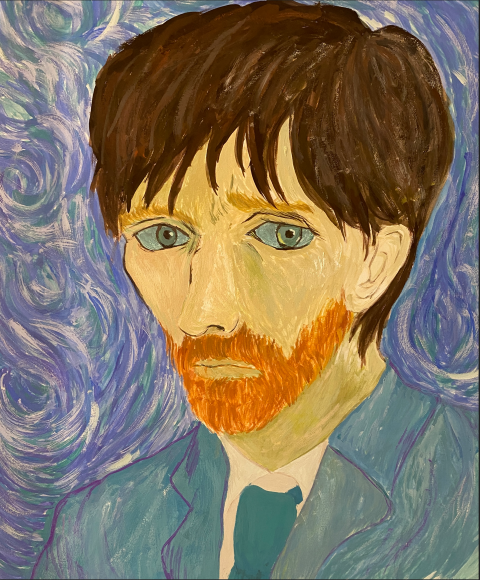 A painting appropriating a Van Gogh self portrait, a young man with an orange beard, dark brown hair wearing a blue-green suit and tie, with a a background of swirled blues, purples, greens and white.