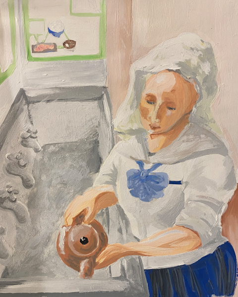 A renaissance style painting representing a woman woman dressed in a white shirt with a blue bow and blue skirt empting a tea-pot into a sink