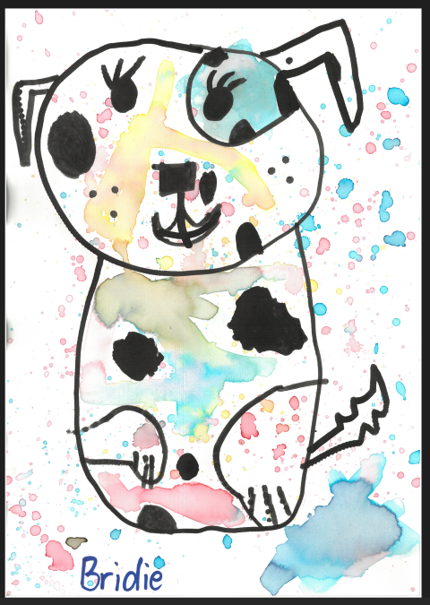 Black drawing of a dog with spots coloured in and around by watercolours of blue pink and yellow.