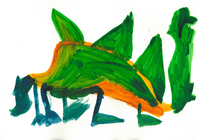 student artwork of a big green dinosaur with 3 big humps and a tail.