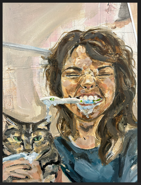 a joyous self portrait of student brushing their teeth in front of the mirror holding a cat.