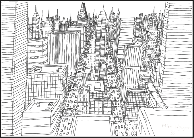 Line marker sketch of a city skyline with towering skyscrapers and buildings, and busy streets