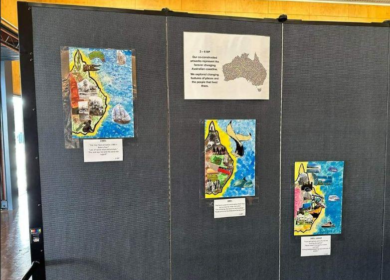 The 3 ‘Changing History’ collages that depict the changing coastline of eastern Australia hang on a display board in a negatively sloped line as part of the Connections Showcase Submission Exhibition.