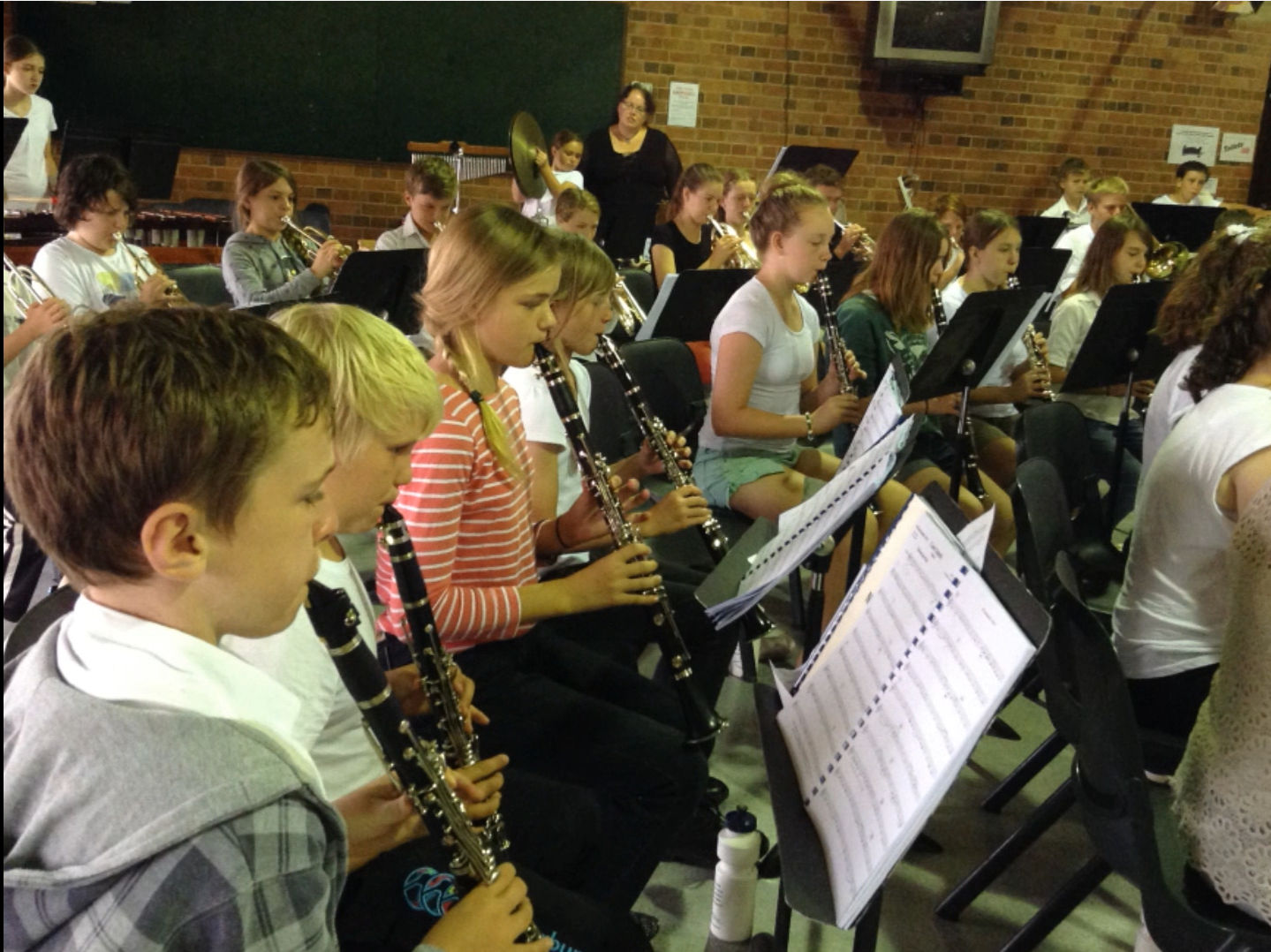large group of students playing instruments looking at their sheet music