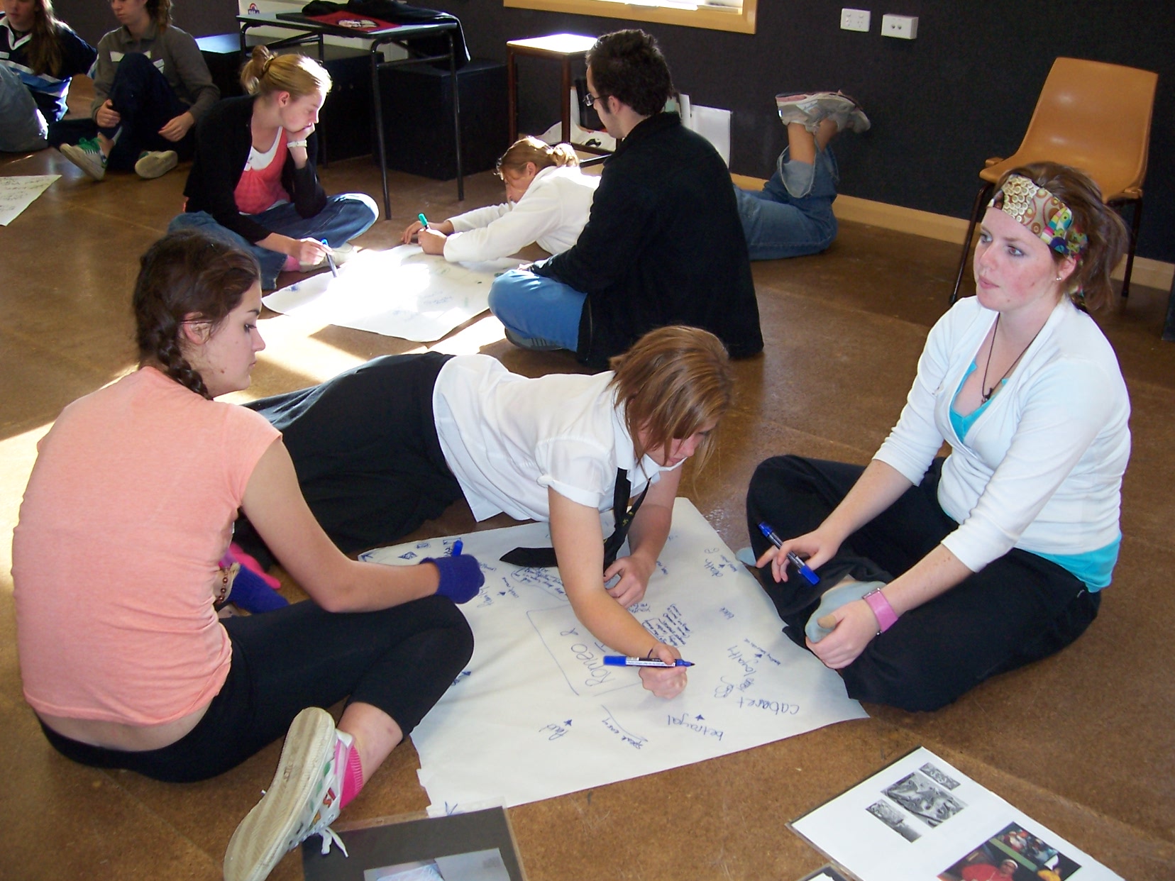 group of students sitting on floor with butchers paper creating a mind map