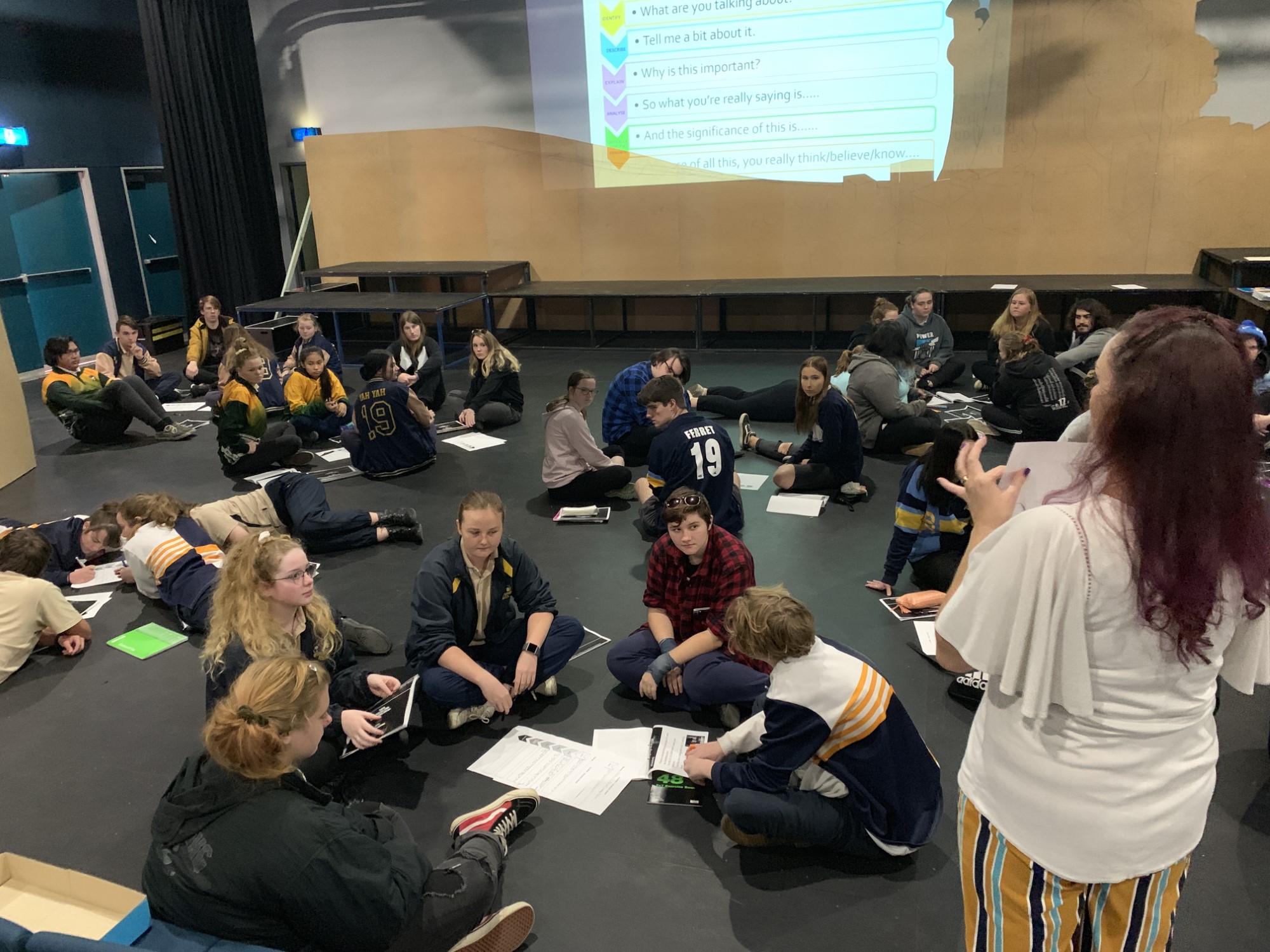 students sitting in groups on floor listening to drama teacher