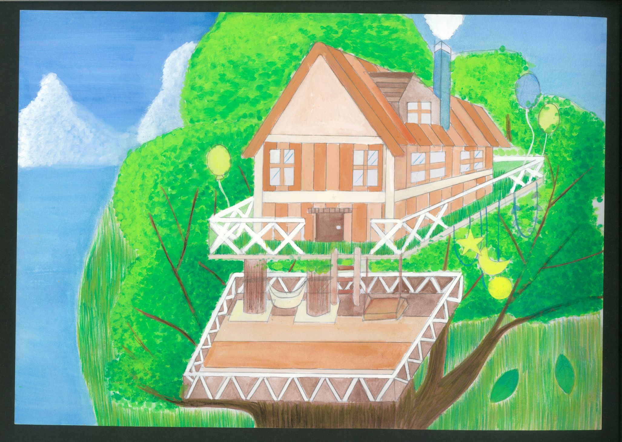 Student artwork – Tree house with a view of the sea (living with nature)