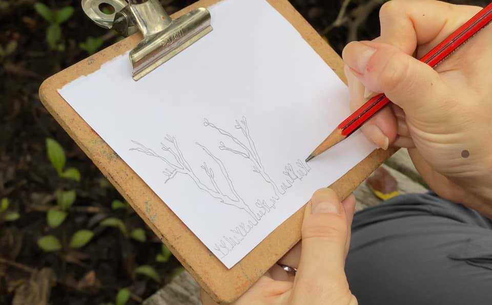 student drawing on clipboard