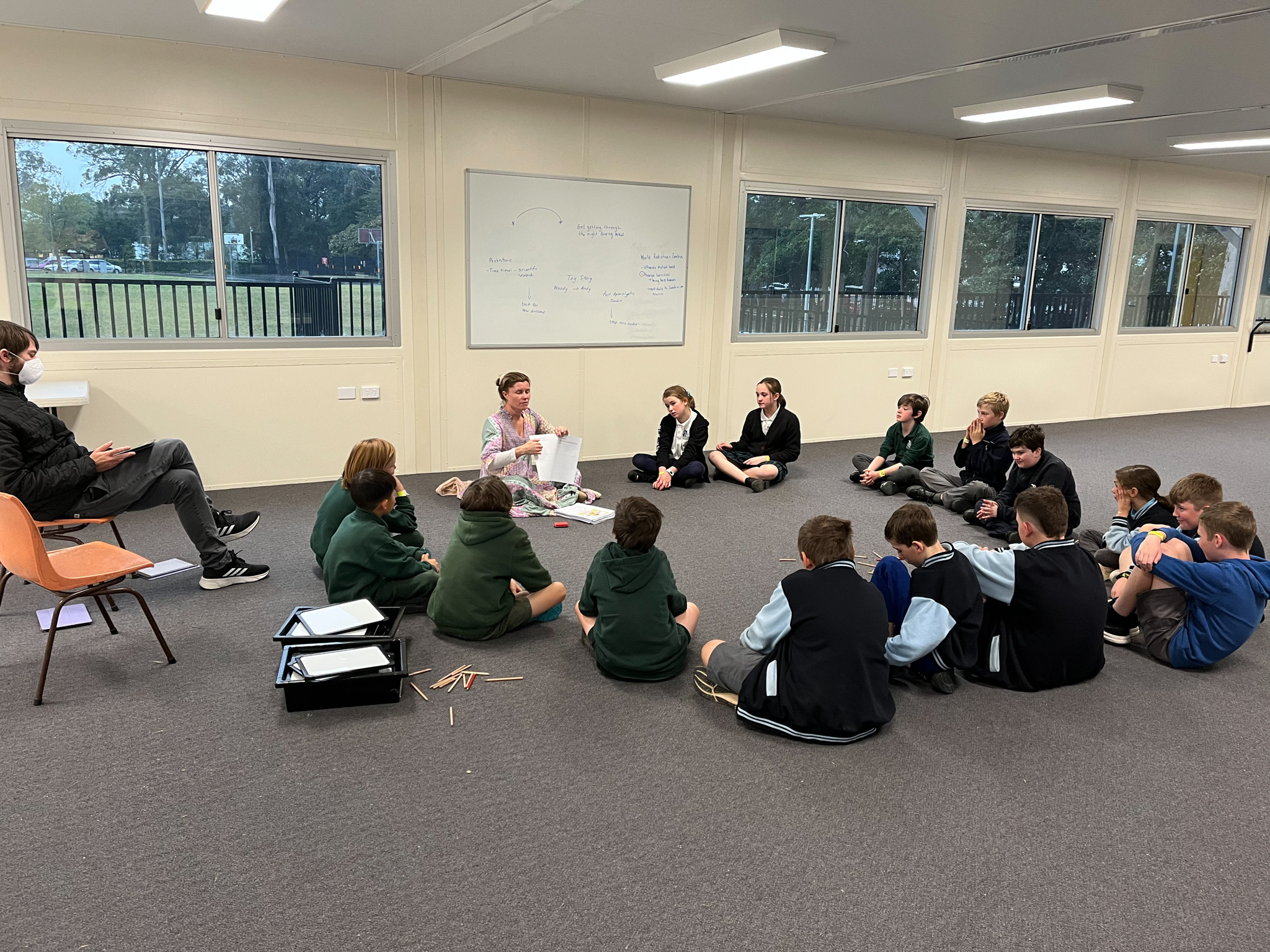 A group of 15 students sitting on a classroom floor in a circle with their teacher demonstrating the activity. 