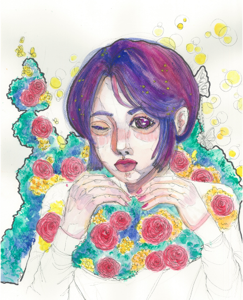 Student artwork created using gouche depicting a self portrait of student exploring the style of Australian Artist Del Kathryn Barton.  It shows a girl with vibrant purple hair and one eye open and one closed.  There are red roses all around her head and soulders.