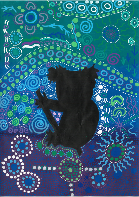 My country depicts a black Koala surrounded by Aboriginal signs and symbols related to the Wiradjuri people from this land (Australia).