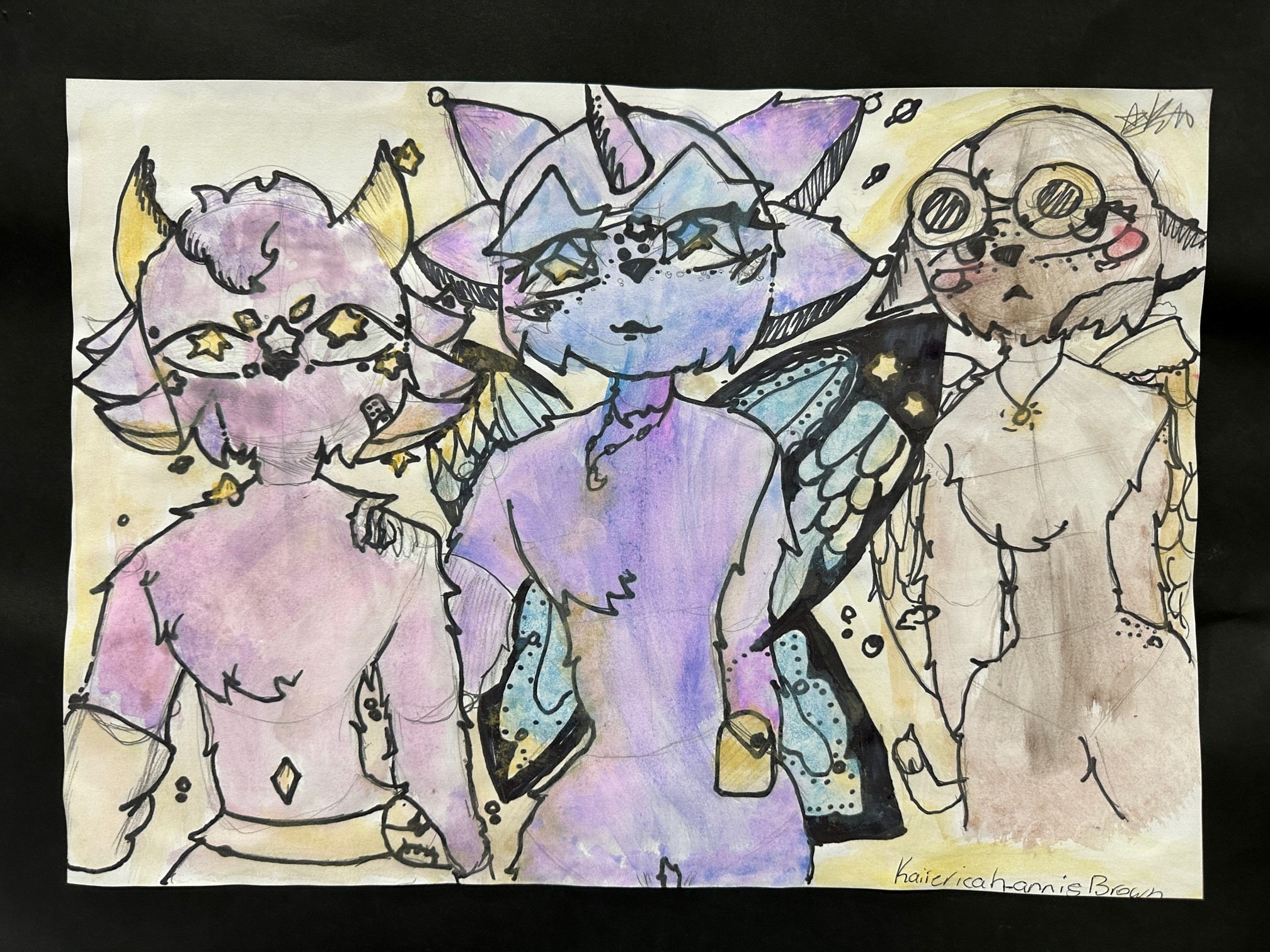 Watercolour art of 3 mythical creatures resembling cats with a space age theme created by student